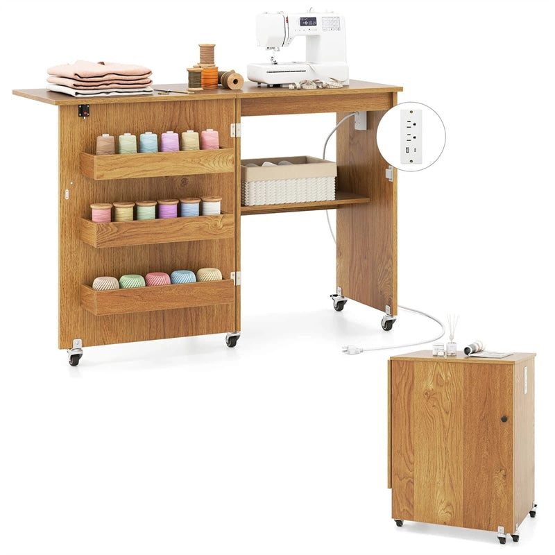 Folding Sewing Table with Charging Station, Rolling Craft Table w/ 3 Storage Trays & Shelf, Mobile Sewing Machine Cabinet for Small Spaces