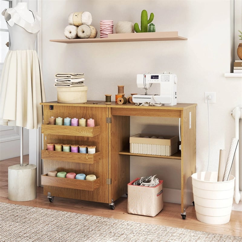 Folding Sewing Table with Charging Station, Rolling Craft Table w/ 3 Storage Trays & Shelf, Mobile Sewing Machine Cabinet for Small Spaces