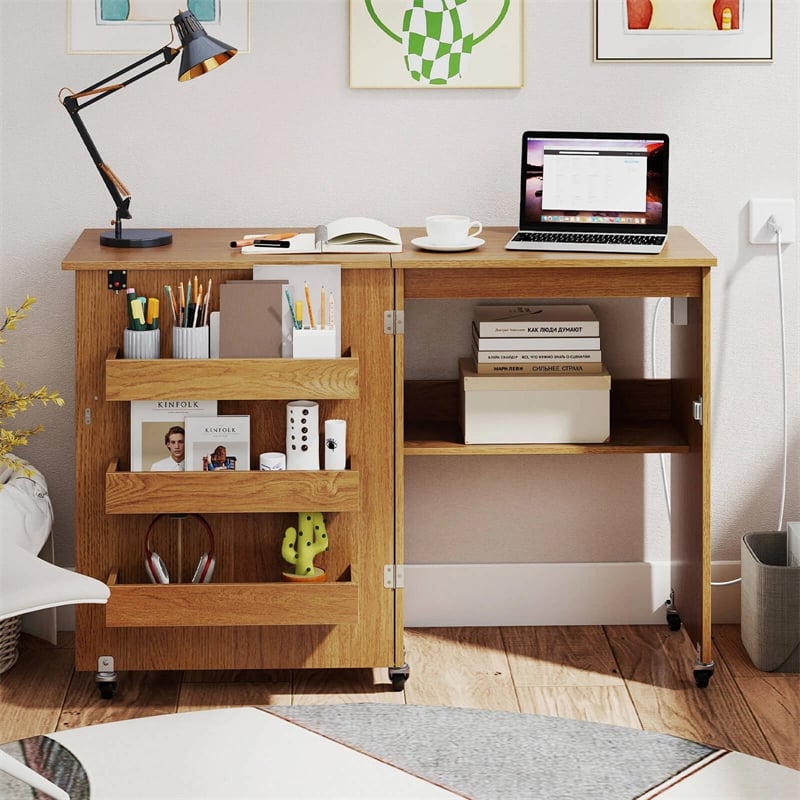 Folding Sewing Table with Charging Station, Rolling Craft Table w/ 3 Storage Trays & Shelf, Mobile Sewing Machine Cabinet for Small Spaces