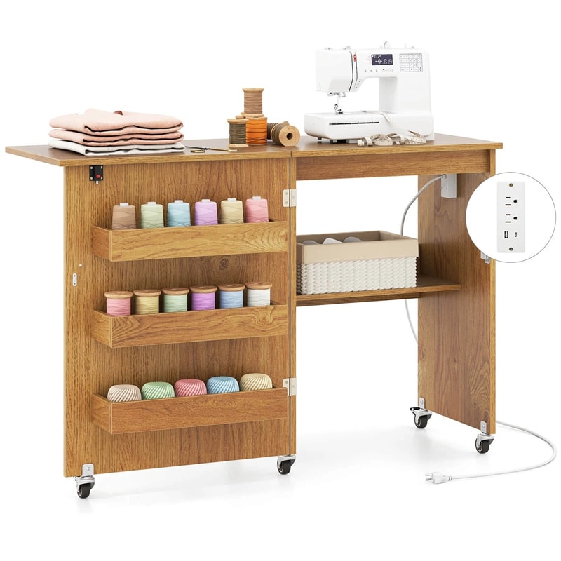 Folding Sewing Table with Charging Station, Rolling Craft Table w/ 3 Storage Trays & Shelf, Mobile Sewing Machine Cabinet for Small Spaces
