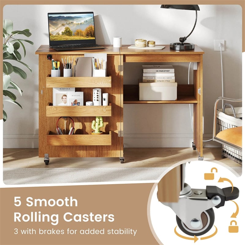 Folding Sewing Table with Charging Station, Rolling Craft Table w/ 3 Storage Trays & Shelf, Mobile Sewing Machine Cabinet for Small Spaces