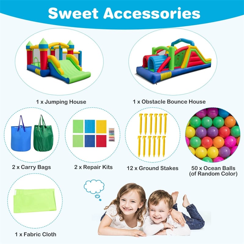 Inflatable Obstacle Course Bounce House w/ Dual Slides, Tunnels & Bounce Area, Huge Sectional Bouncy Castle for Big Kids Backyard