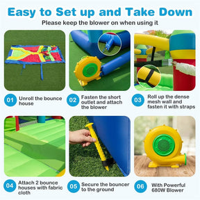 Inflatable Obstacle Course Bounce House w/ Dual Slides, Tunnels & Bounce Area, Huge Sectional Bouncy Castle for Big Kids Backyard