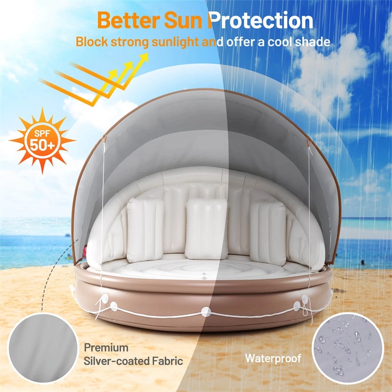 Giant Inflatable Pool Float Lounge Swimming Floating Island Raft with Retractable Canopy & 2 Cup Holders