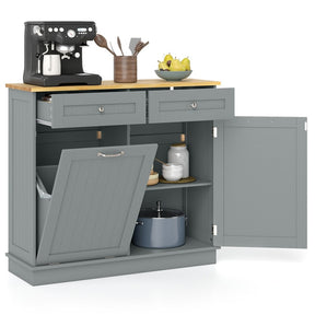 Kitchen Tilt Out Trash Cabinet, Buffet Sideboard w/ Trash Can Holder, 2 Drawers, Rubberwood Countertop & Adj. Shelves, Pet Proof Laundry Hamper