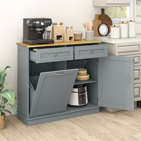 Kitchen Tilt Out Trash Cabinet, Buffet Sideboard w/ Trash Can Holder, 2 Drawers, Rubberwood Countertop & Adj. Shelves, Pet Proof Laundry Hamper