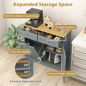 Kitchen Tilt Out Trash Cabinet, Buffet Sideboard w/ Trash Can Holder, 2 Drawers, Rubberwood Countertop & Adj. Shelves, Pet Proof Laundry Hamper