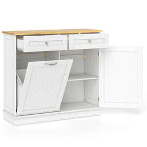 Kitchen Tilt Out Trash Cabinet, Buffet Sideboard w/ Trash Can Holder, 2 Drawers, Rubberwood Countertop & Adj. Shelves, Pet Proof Laundry Hamper