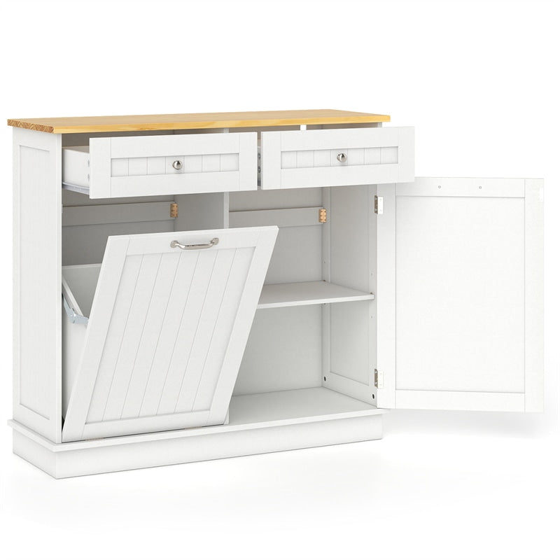 Kitchen Tilt Out Trash Cabinet, Buffet Sideboard w/ Trash Can Holder, 2 Drawers, Rubberwood Countertop & Adj. Shelves, Pet Proof Laundry Hamper