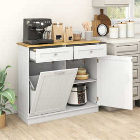 Kitchen Tilt Out Trash Cabinet, Buffet Sideboard w/ Trash Can Holder, 2 Drawers, Rubberwood Countertop & Adj. Shelves, Pet Proof Laundry Hamper