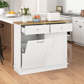 Kitchen Tilt Out Trash Cabinet, Buffet Sideboard w/ Trash Can Holder, 2 Drawers, Rubberwood Countertop & Adj. Shelves, Pet Proof Laundry Hamper
