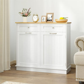 Kitchen Tilt Out Trash Cabinet, Buffet Sideboard w/ Trash Can Holder, 2 Drawers, Rubberwood Countertop & Adj. Shelves, Pet Proof Laundry Hamper