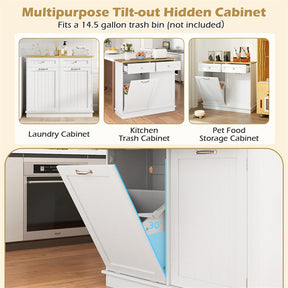 Kitchen Tilt Out Trash Cabinet, Buffet Sideboard w/ Trash Can Holder, 2 Drawers, Rubberwood Countertop & Adj. Shelves, Pet Proof Laundry Hamper