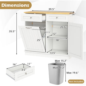 Kitchen Tilt Out Trash Cabinet, Buffet Sideboard w/ Trash Can Holder, 2 Drawers, Rubberwood Countertop & Adj. Shelves, Pet Proof Laundry Hamper