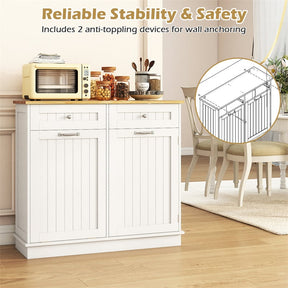 Kitchen Tilt Out Trash Cabinet, Buffet Sideboard w/ Trash Can Holder, 2 Drawers, Rubberwood Countertop & Adj. Shelves, Pet Proof Laundry Hamper