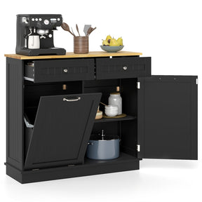 Kitchen Tilt Out Trash Cabinet, Buffet Sideboard w/ Trash Can Holder, 2 Drawers, Rubberwood Countertop & Adj. Shelves, Pet Proof Laundry Hamper
