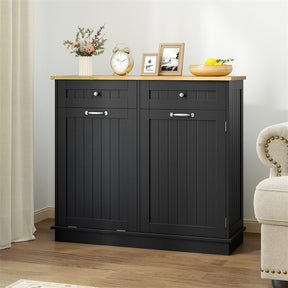 Kitchen Tilt Out Trash Cabinet, Buffet Sideboard w/ Trash Can Holder, 2 Drawers, Rubberwood Countertop & Adj. Shelves, Pet Proof Laundry Hamper