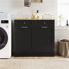 Kitchen Tilt Out Trash Cabinet, Buffet Sideboard w/ Trash Can Holder, 2 Drawers, Rubberwood Countertop & Adj. Shelves, Pet Proof Laundry Hamper