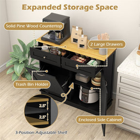 Kitchen Tilt Out Trash Cabinet, Buffet Sideboard w/ Trash Can Holder, 2 Drawers, Rubberwood Countertop & Adj. Shelves, Pet Proof Laundry Hamper