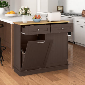 Kitchen Tilt Out Trash Cabinet, Buffet Sideboard w/ Trash Can Holder, 2 Drawers, Rubberwood Countertop & Adj. Shelves, Pet Proof Laundry Hamper