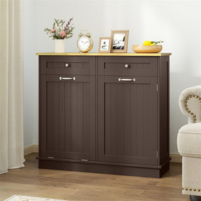 Kitchen Tilt Out Trash Cabinet, Buffet Sideboard w/ Trash Can Holder, 2 Drawers, Rubberwood Countertop & Adj. Shelves, Pet Proof Laundry Hamper