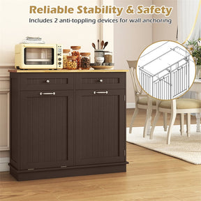 Kitchen Tilt Out Trash Cabinet, Buffet Sideboard w/ Trash Can Holder, 2 Drawers, Rubberwood Countertop & Adj. Shelves, Pet Proof Laundry Hamper