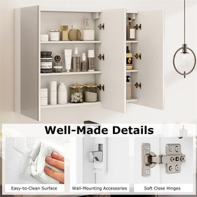34.5" Wide Mirrored Medicine Cabinet with 3 Doors & Adjustable Shelf, Large Wall Mounted/Recessed Bathroom Storage Cabinet Organizer