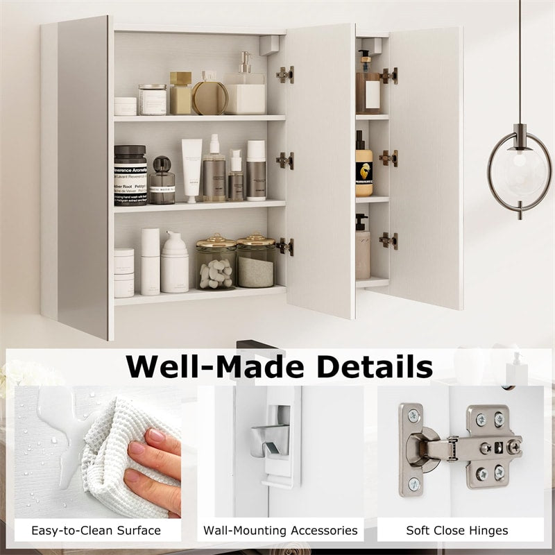 34.5" Wide Mirrored Medicine Cabinet with 3 Doors & Adjustable Shelf, Large Wall Mounted/Recessed Bathroom Storage Cabinet Organizer