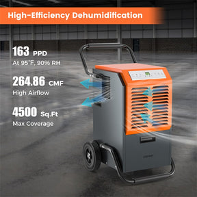 163 PPD Commercial Dehumidifier, 4500 Sq.Ft Crawl Space Dehumidifier with Drain Hose & Water Tank for Basement, Warehouse & Job Site