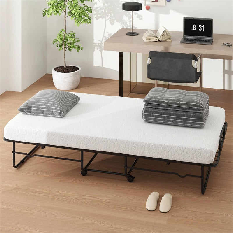 Twin Size Folding Bed with Memory Foam Mattress, Rollaway Guest Bed w/ Heavy-Duty Metal Frame & Lockable Wheels, Portable Space-Saving Bed, 75" x 38"