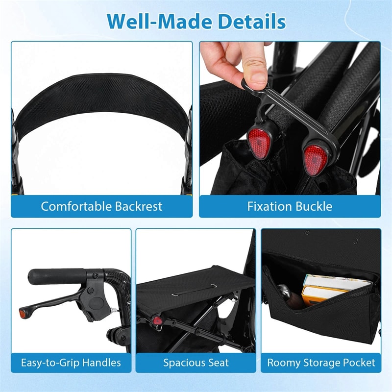 Ultralight Carbon Fiber Rollator Walker for Seniors, Foldable Rolling Walker with Seat, 8" Wheels, Adjustable Handles & Backrest, Storage Bag