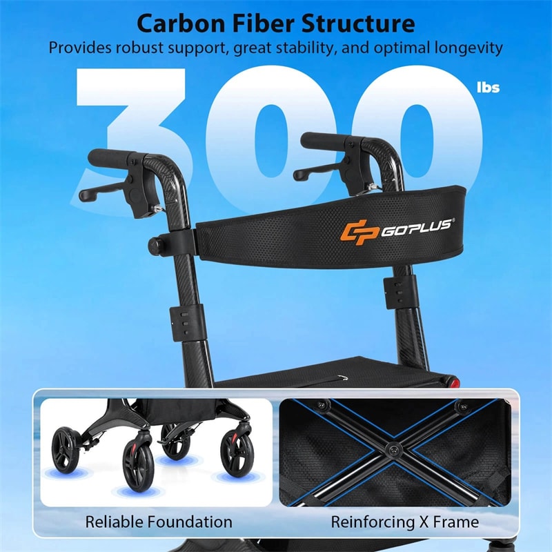 Ultralight Carbon Fiber Rollator Walker for Seniors, Foldable Rolling Walker with Seat, 8" Wheels, Adjustable Handles & Backrest, Storage Bag
