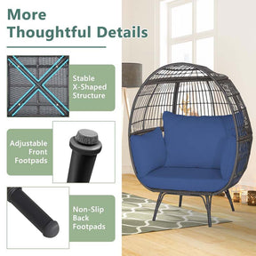 Oversized Wicker Egg Chair with 4 Cushions, Steel Frame Basket Chair Rattan Indoor Outdoor Lounger for Patio, Living Room