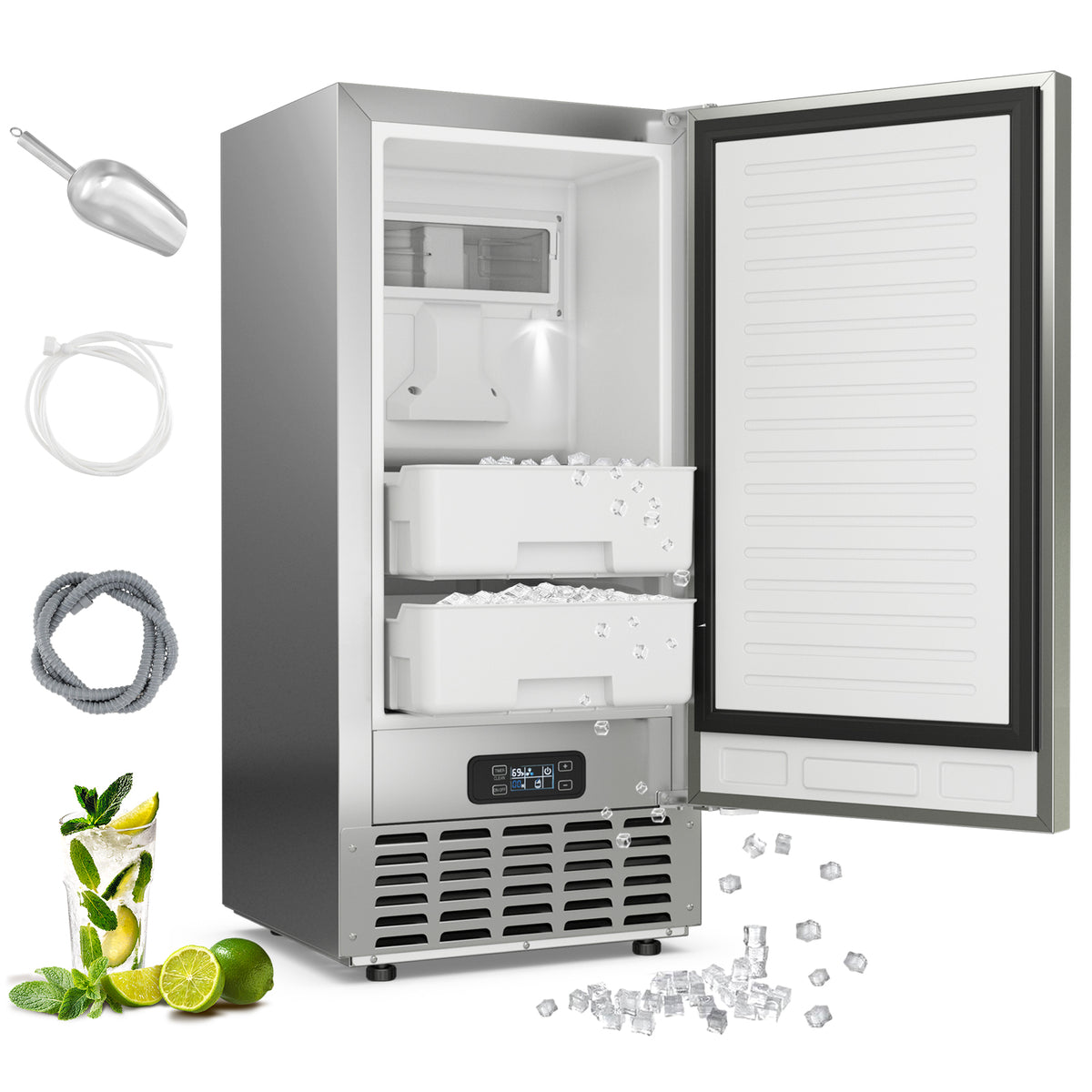 80 lbs/Day Under Counter Nugget Ice Maker, 15" Built-in Freestanding Ice Machine with Self-Cleaning, LCD Panel & 24H Timer for Home & Commercial Use