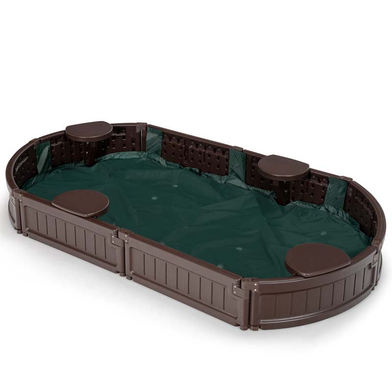 6FT Oval Outdoor Sandbox with Cover, Built-in Corner Seat & Bottom Liner, All Weather Kids Sand Play Station for Backyard Beach