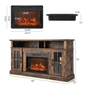 58" Electric Fireplace TV Stand for 65" TVs, Media Console with 23" Heater, Remote, Adjustable 3-Level Flame & Storage Cabinet, CSA Certified