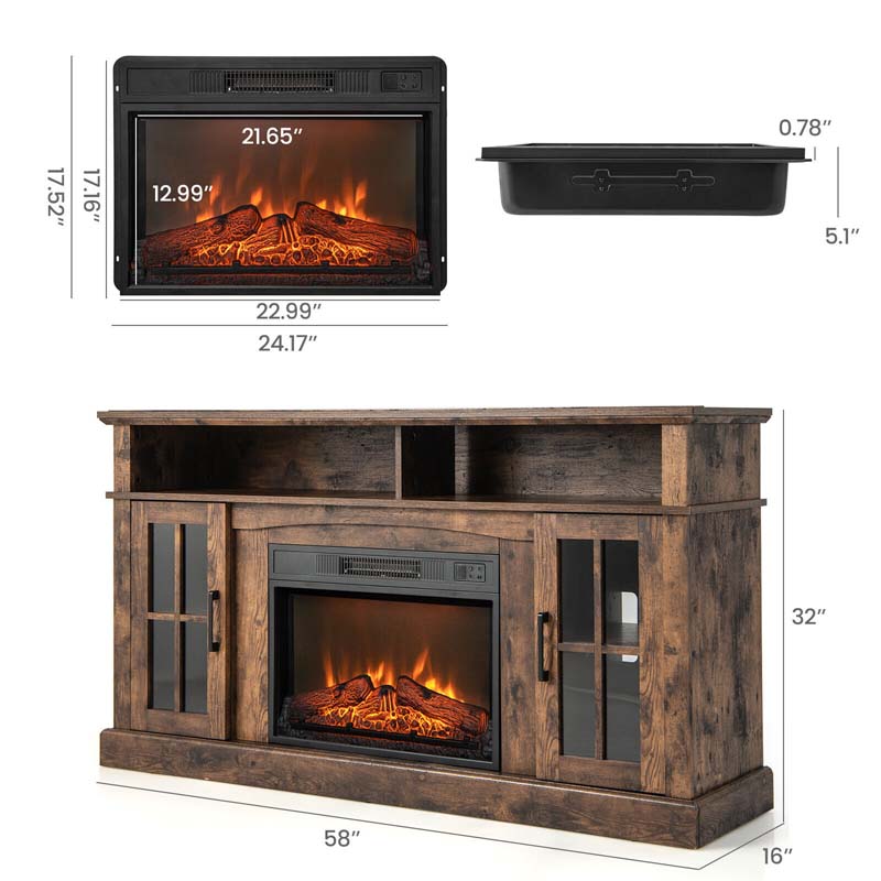 58" Electric Fireplace TV Stand for 65" TVs, Media Console with 23" Heater, Remote, Adjustable 3-Level Flame & Storage Cabinet, CSA Certified