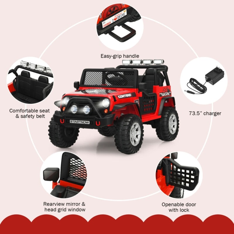 12V 2-Seater Kids Ride On Truck Electric Jeep Car with Remote Control, Spring Suspension, Rocking Function, LED Lights & Bluetooth Music
