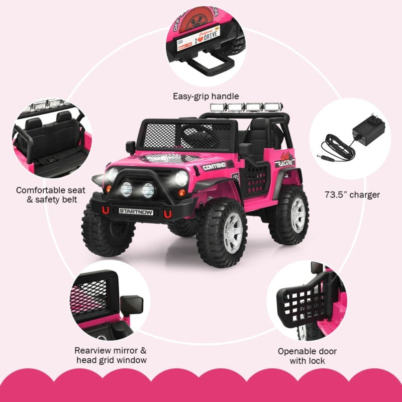 12V 2-Seater Kids Ride On Truck Electric Jeep Car with Remote Control, Spring Suspension, Rocking Function, LED Lights & Bluetooth Music