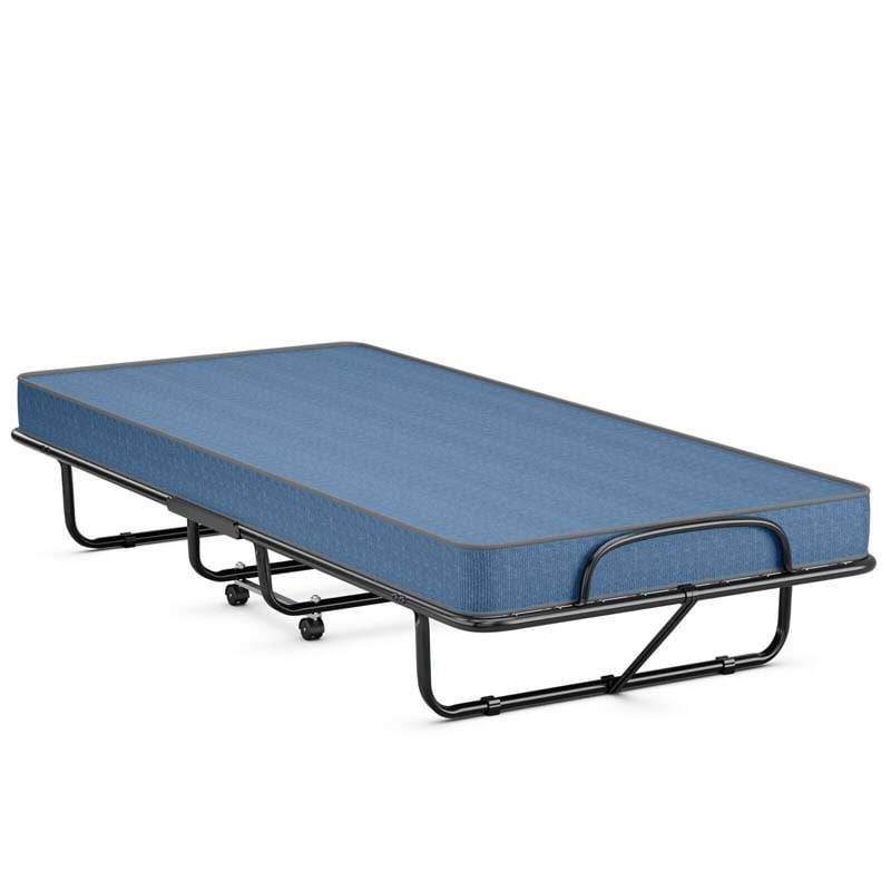 Twin Folding Bed w/ 5" Memory Foam Mattress, Portable Rollaway Guest Bed on Wheels, Heavy Duty Steel Frame, Space-Saving Design, Made in Italy