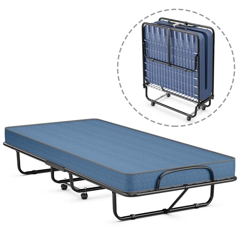 Twin Folding Bed w/ 5" Memory Foam Mattress, Portable Rollaway Guest Bed on Wheels, Heavy Duty Steel Frame, Space-Saving Design, Made in Italy