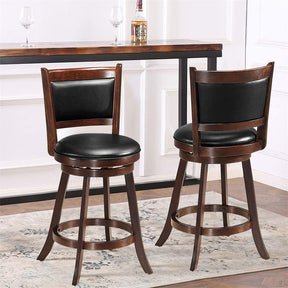 24" Wood Swivel Bar Stools Set of 2 with Back & PVC Leather Cushion Seat, Upholstered Counter Height Bar Chairs for Kitchen Dining Room