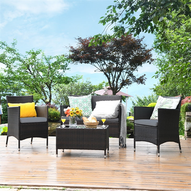 4 Piece Wicker Patio Conversation Set with Tempered Glass Coffee Table, Loveseat & Cushions, Outdoor Rattan Sofa Set for Backyard Lawn