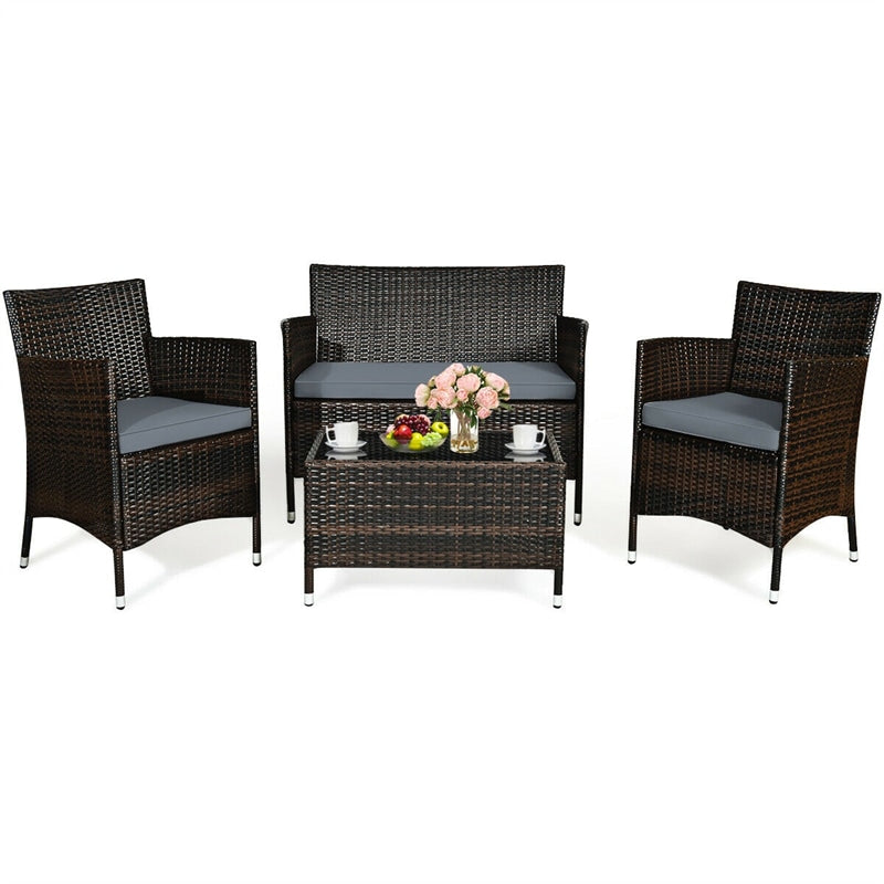 4 Piece Wicker Patio Conversation Set with Tempered Glass Coffee Table, Loveseat & Cushions, Outdoor Rattan Sofa Set for Backyard Lawn