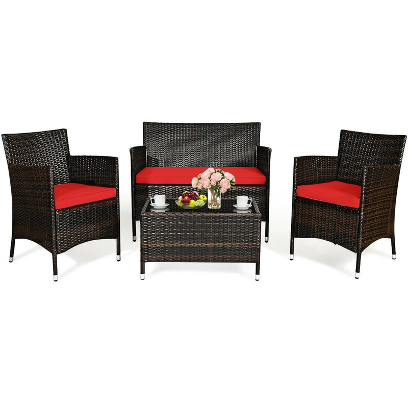 4 Piece Wicker Patio Conversation Set with Tempered Glass Coffee Table, Loveseat & Cushions, Outdoor Rattan Sofa Set for Backyard Lawn
