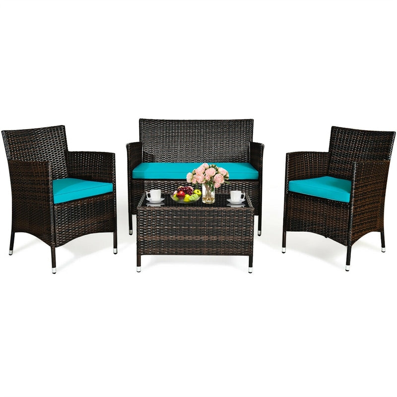 4 Piece Wicker Patio Conversation Set with Tempered Glass Coffee Table, Loveseat & Cushions, Outdoor Rattan Sofa Set for Backyard Lawn