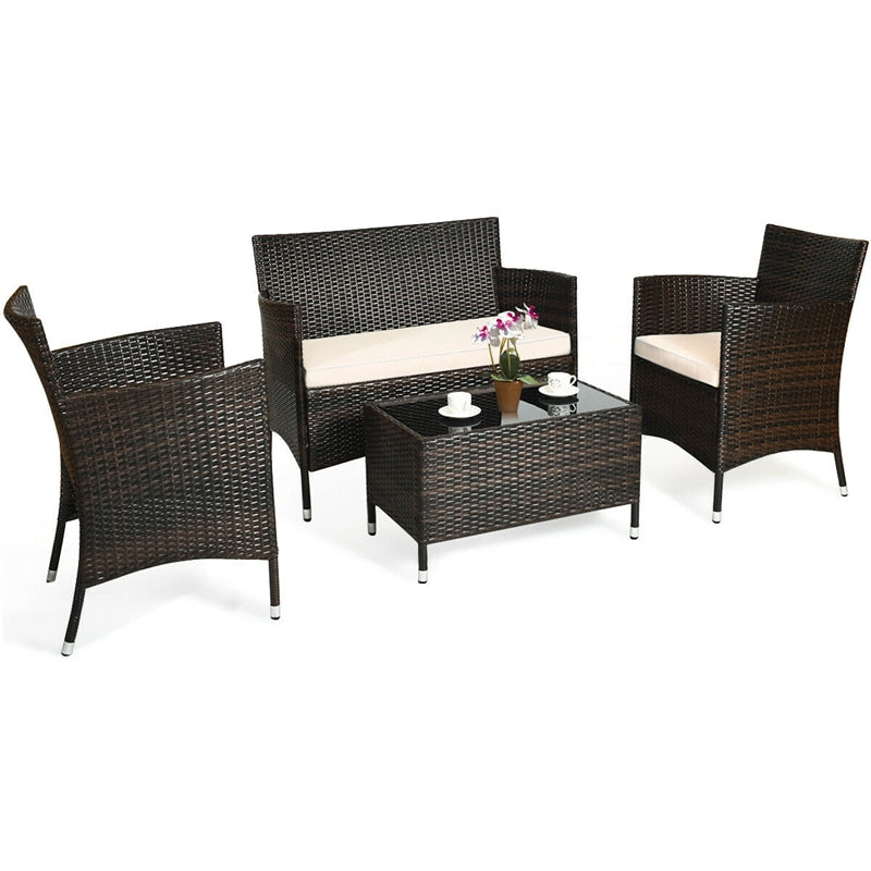 4 Piece Wicker Patio Conversation Set with Tempered Glass Coffee Table, Loveseat & Cushions, Outdoor Rattan Sofa Set for Backyard Lawn