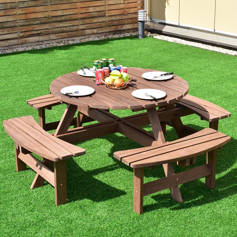 8-Person Outdoor Fir Wood Round Picnic Table with 4 Built-in Benches & Umbrella Hole, 2200LBS Capacity All-Weather Patio Dining Set for Garden Yard