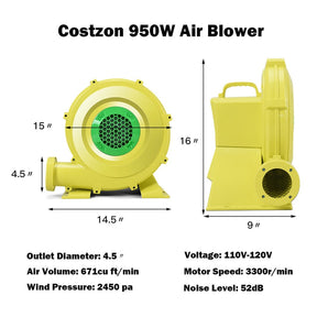 950 Watt 1.25 HP Air Blower for Inflatable Bounce House Bouncy Castle, Portable Pump Fan Commercial Inflatable Bouncer Blower