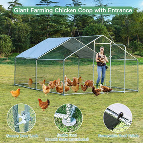 13FT Large Chicken Coop, Galvanized Metal Walk-in Poultry Cage Hen Run House Rabbits Habitat with Waterproof Cover & Lockable Door for Backyard Farm